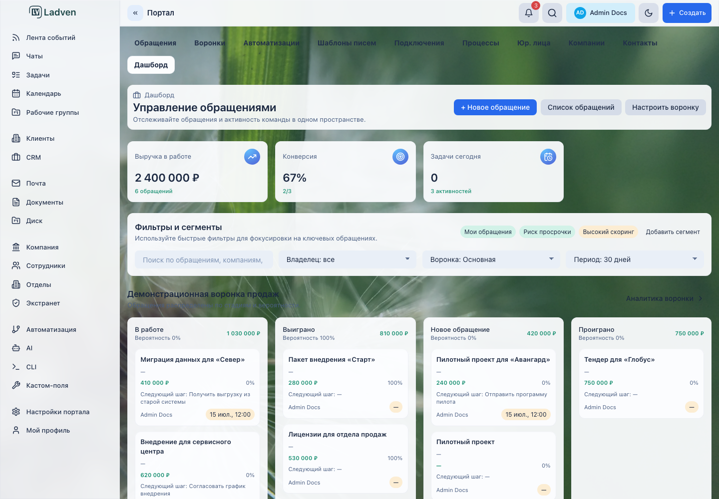 Дашборд CRM LadVen OS: выручка, конверсия и воронка сделок